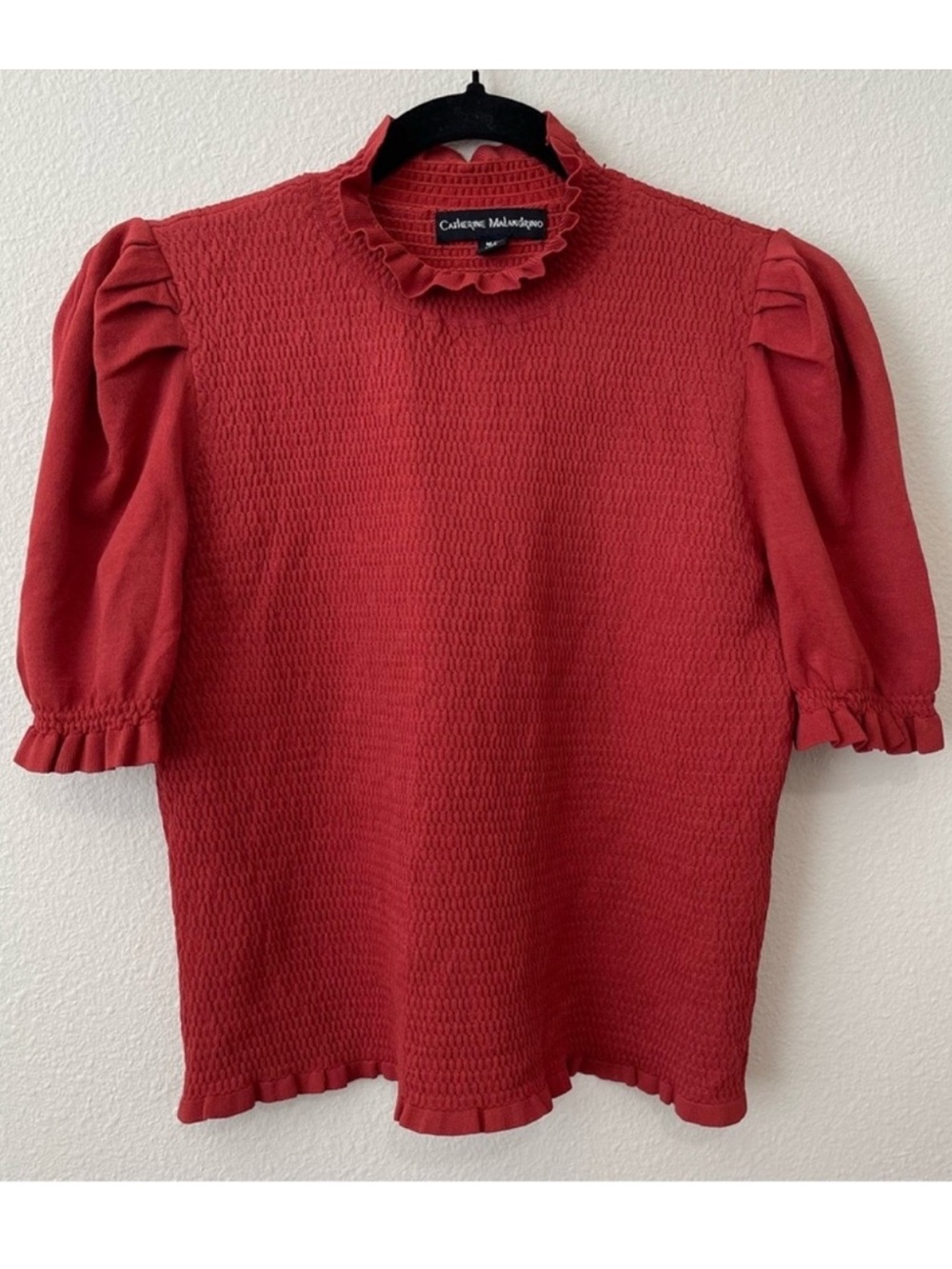 Catherine Malandrino Ruffled Blouse Smocked Stretch Top Size Medium Puff Sleeve